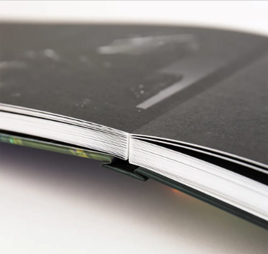 The flat spine of an open layflat book